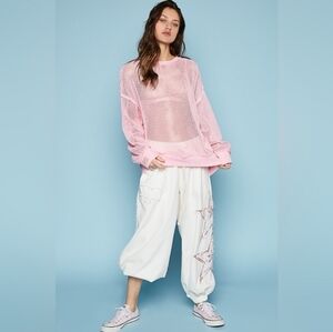 POL Pink Crochet Mesh Sweater